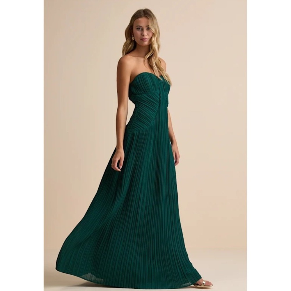 NEW Lulu's Emerald Green Pleated Strapless Maxi Dress Size Large Formal Gown